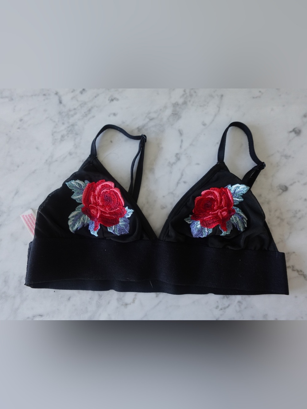 PINK Victoria's Secret 2017 Black Triangle Bralette with rose detail